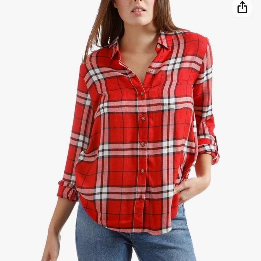 Lucky Brand Red Buffalo Plaid Collared Button Back Detail Button Down Tunic Top